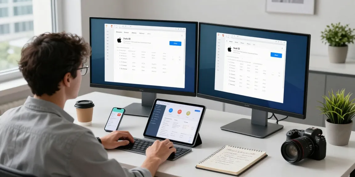 使用讯果管理Apple ID的高效办公场景,显示现代办公环境和技术设备。